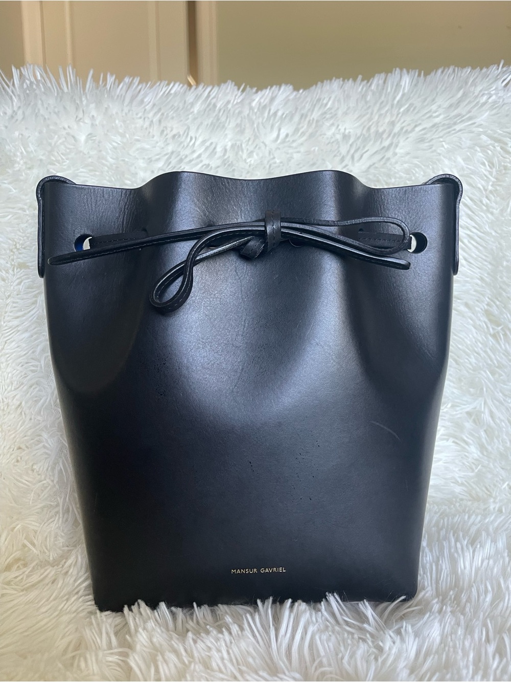 Mansur Gavriel Black Leather Drawstring Mini Bucket Shoulder Bag